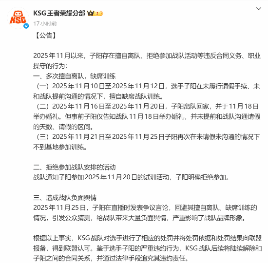 《王者荣耀》KPL知名电竞选手子阳被KSG光速解约